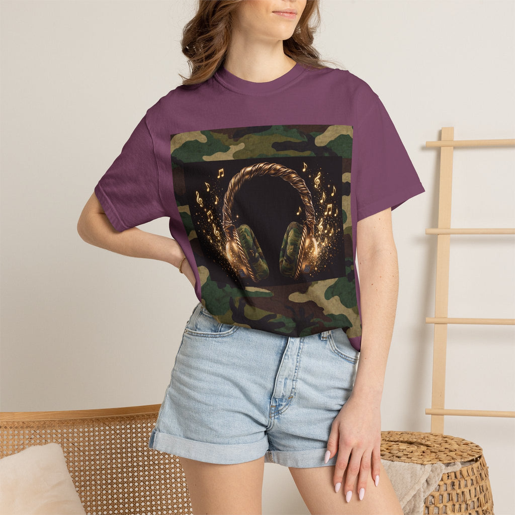 Camo Headphones Tee — Gold Spark DJ Music Graphic T-Shirt
