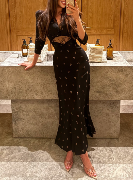 Spring Summer Floral Print Black Lace Stitching Dress