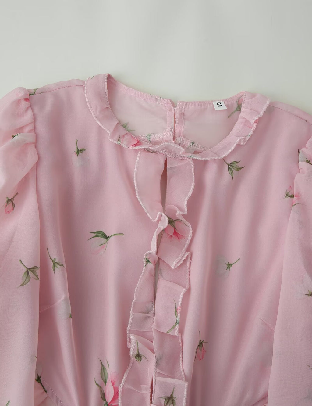 Women Clothing Fresh Sweet Floral Tight Waist Back Hollow Out Cutout-out Long Sleeve Chiffon Dress