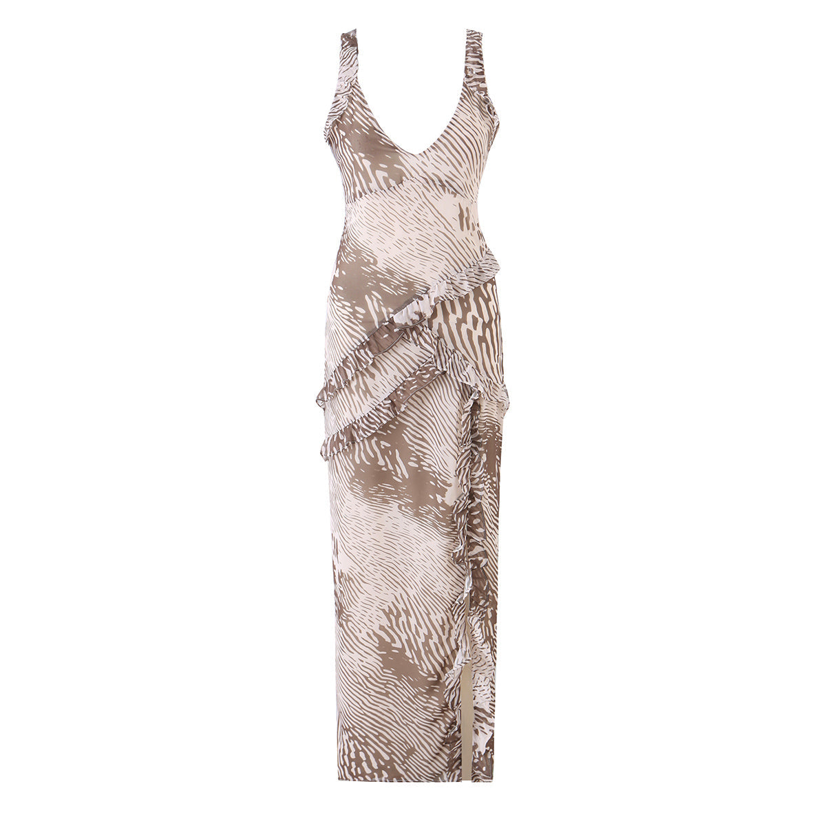 Summer Women Clothing Elegant Slim V neck Sleeveless Zebra Print Chiffon Ruffled Dress