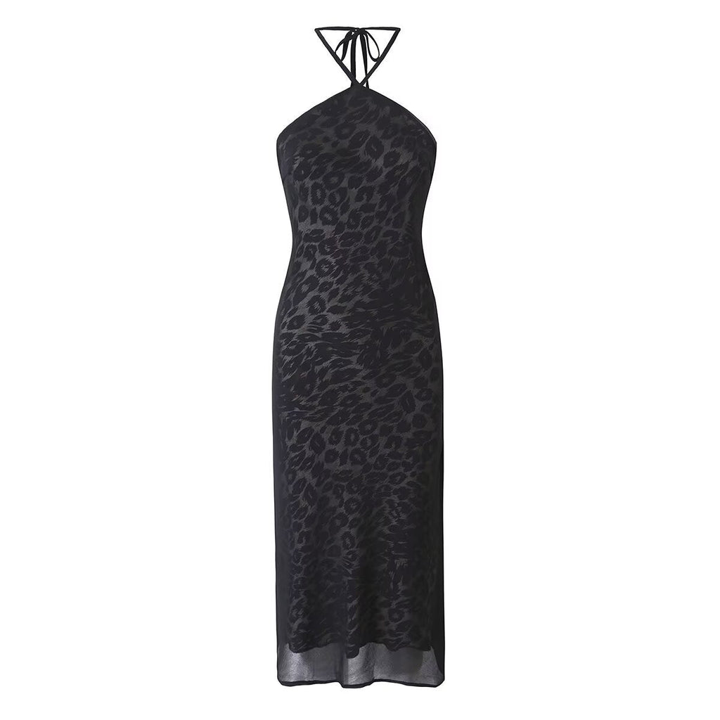 Vintage Leopard Print Halter Spaghetti Straps Dress Women Sexy Big Backless Slim Fit Seaside Holiday Midi Dress