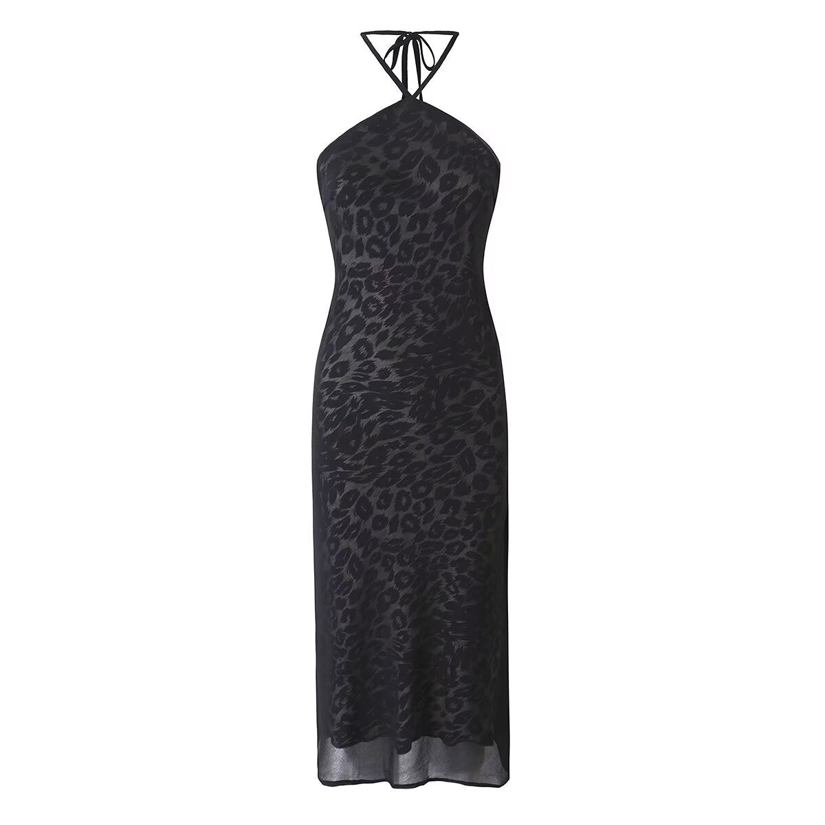 Vintage Leopard Print Halter Spaghetti Straps Dress Women Sexy Big Backless Slim Fit Seaside Holiday Midi Dress