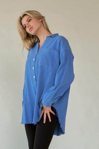 Davi & Dani Letter Back Raw Hem Half Button Shirt Chic
