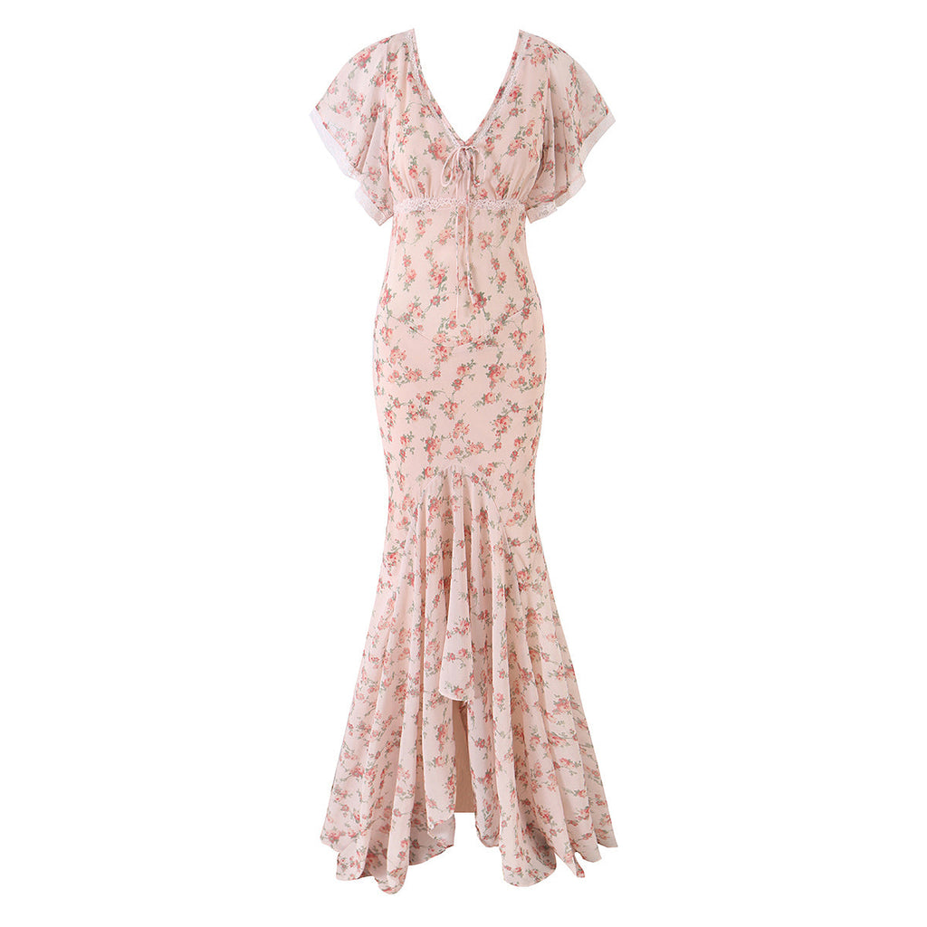 Romantic Pastoral Printed Dress V neck Irregular Asymmetric Slim Fit Dress