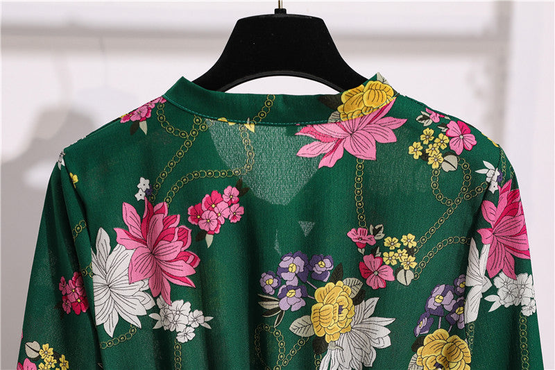 Long Sleeve Floral Print Chiffon Dress - Medium Lace Up Slim Fit Women's Dress