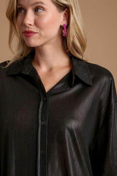 Umgee Side Slit Button Up Long Sleeve Shirt for Women