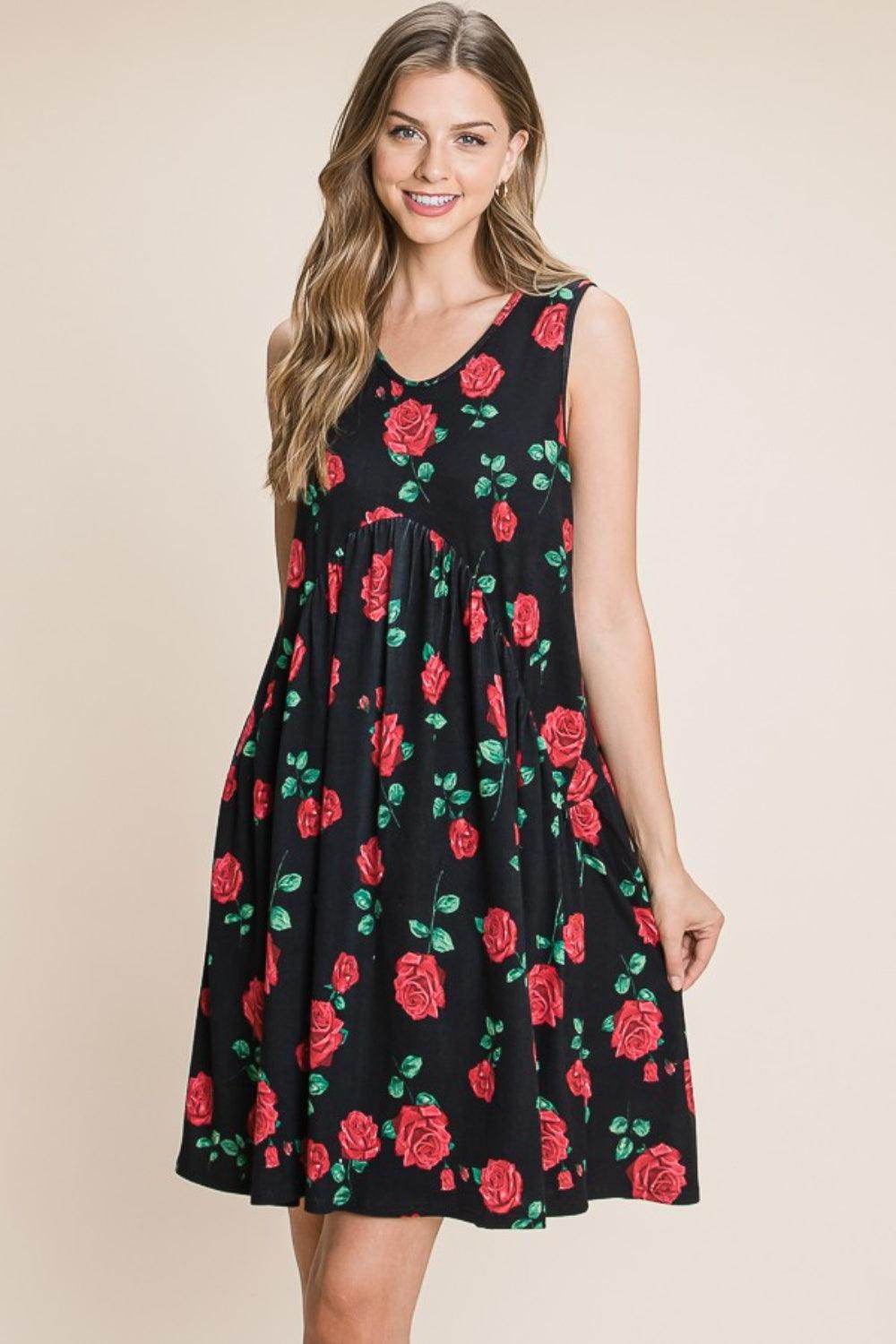 BOMBOM Floral Ruched Tank Dress for Summer Style
