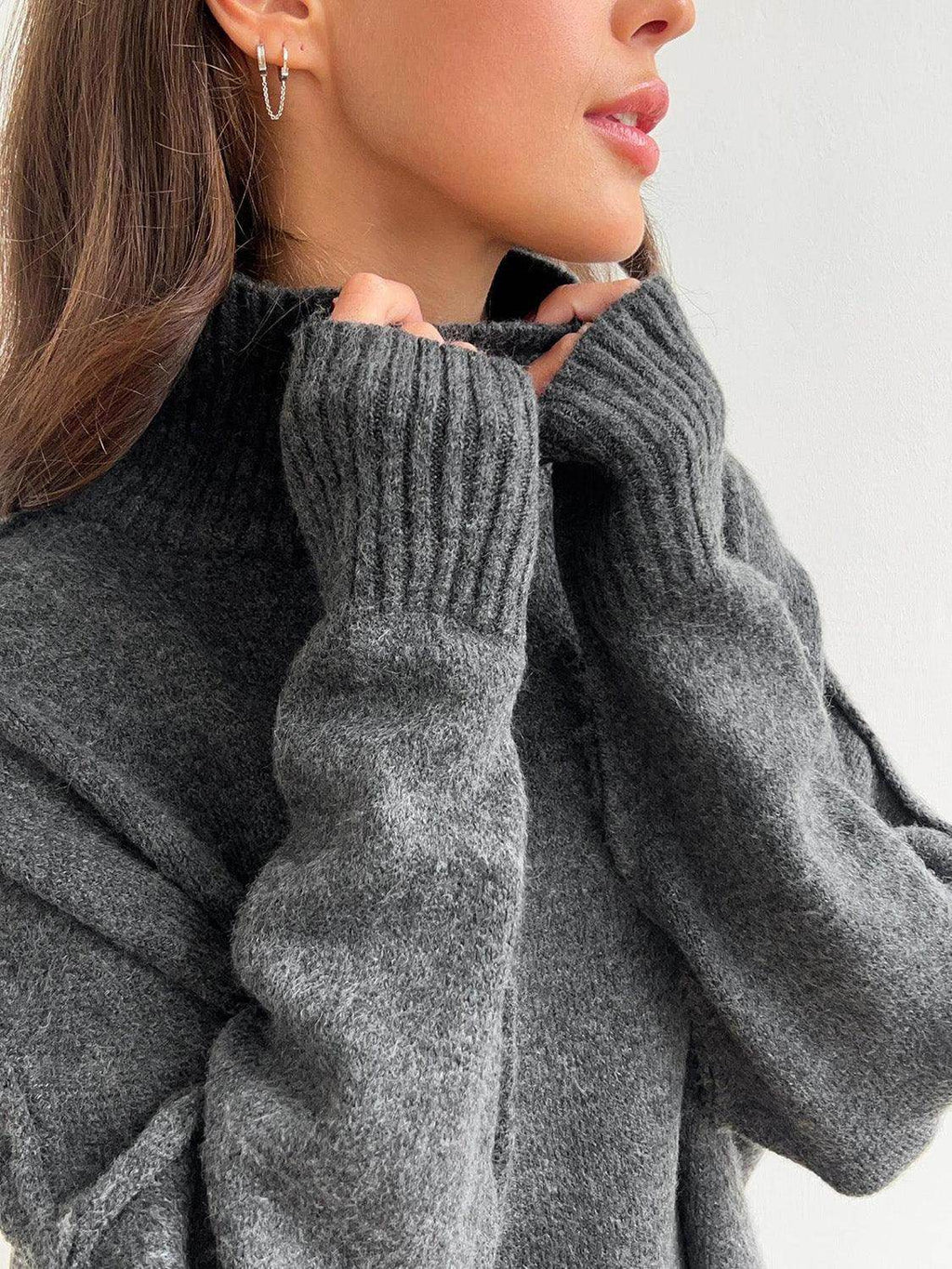Slit Turtleneck Long Sleeve Top and Pants Sweater Set Outfit