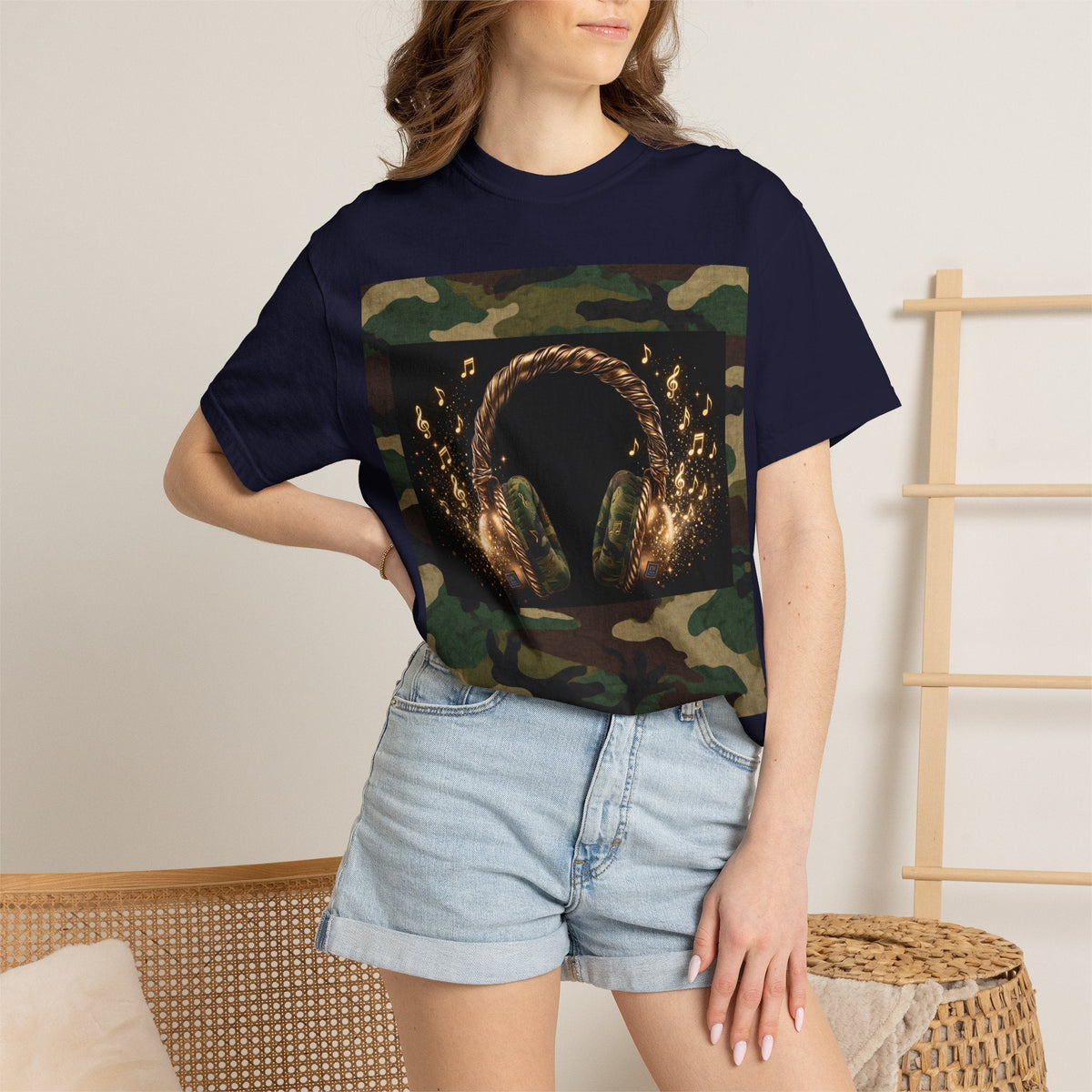 Camo Headphones Tee — Gold Spark DJ Music Graphic T-Shirt