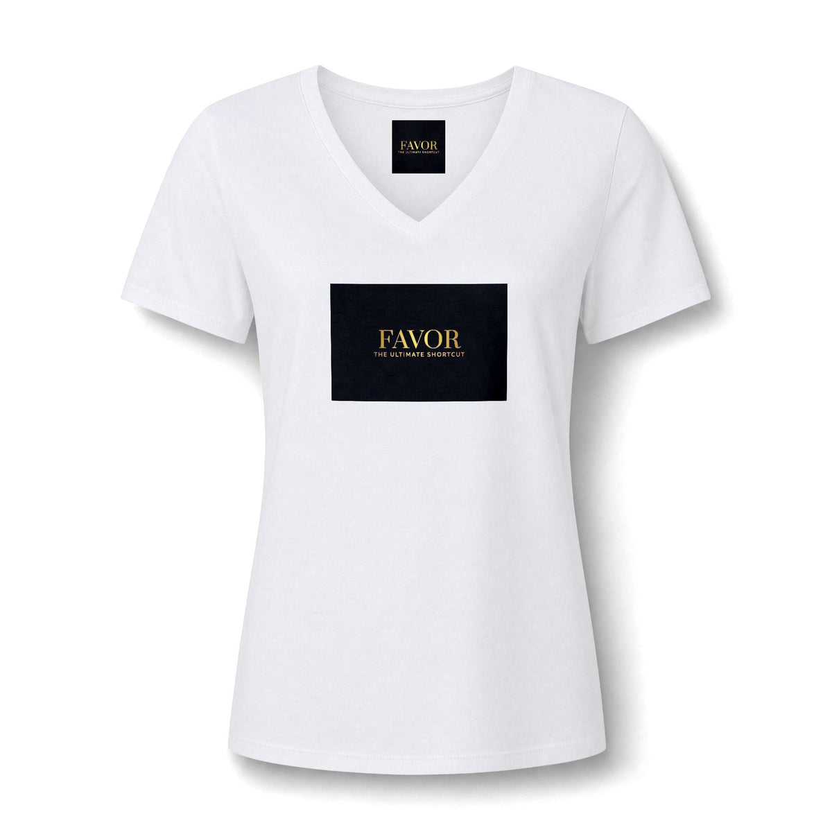 V-Neck Tee — 'Favor Heavens Favorite' Gold Script Graphic