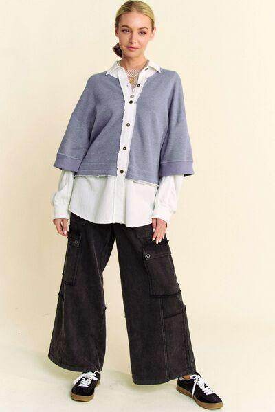 Davi & Dani Faux Layered French Terry Contrast Top Style