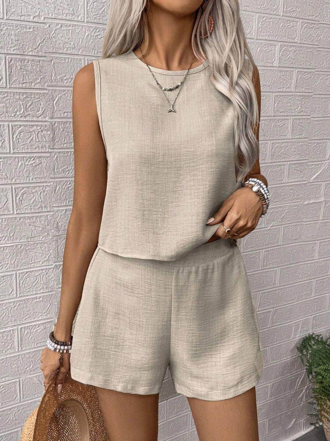 Round Neck Sleeveless Top and Shorts Set for Women