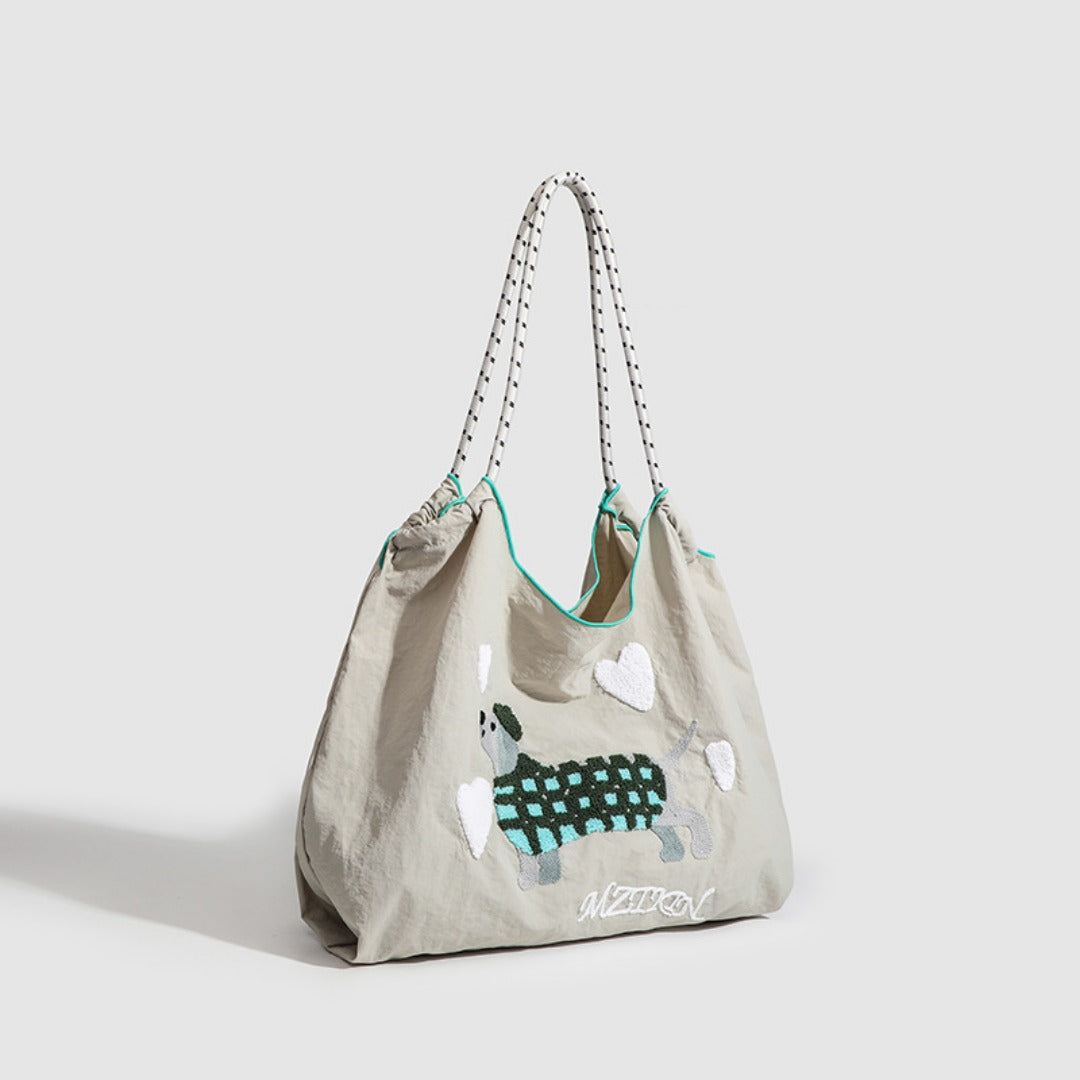 Large Capacity hobo bag with Embroidered Dog pattern, Shoulder bag Nylon, Shoulder shoulder Bag, Commuter hobo Bag Female