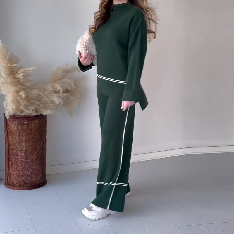 Women’s Solid Color Casual Two-Piece Set – Loose Top & Bootcut Pants Suit