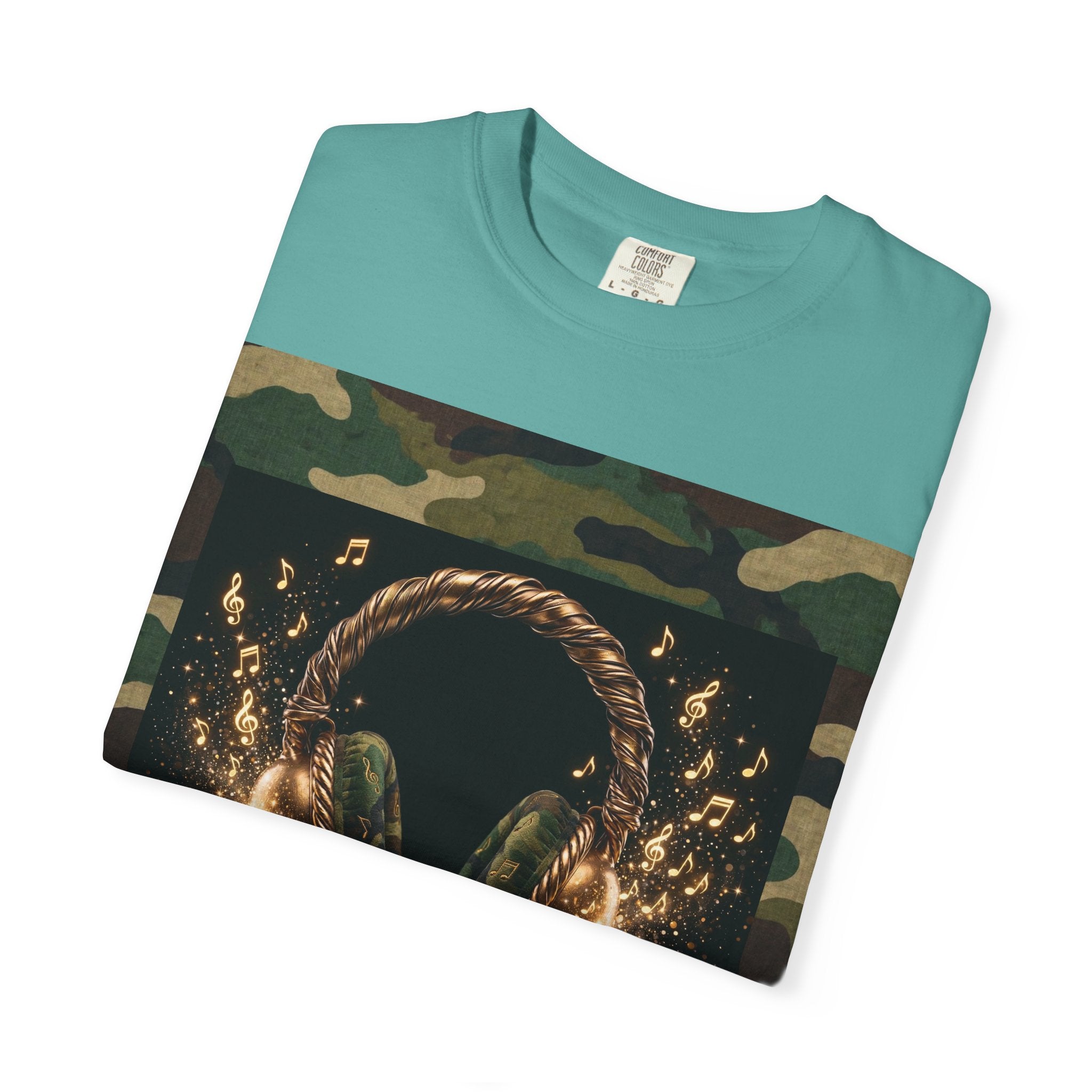 Camo Headphones Tee — Gold Spark DJ Music Graphic T-Shirt