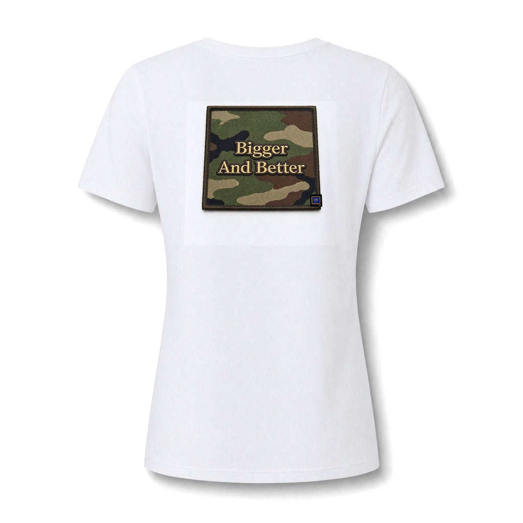 Women's V-Neck Tee — 'Stronger Than Ever' Camo Patch Graphic