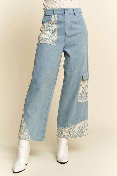 Davi & Dani Lace Applique Wide Leg Jeans for Women