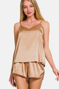 Zenana V-Neck Satin Cami and Elastic Waist Shorts Set