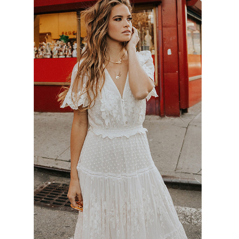 Summer Women Wear V neck Short Sleeve Lace Dress