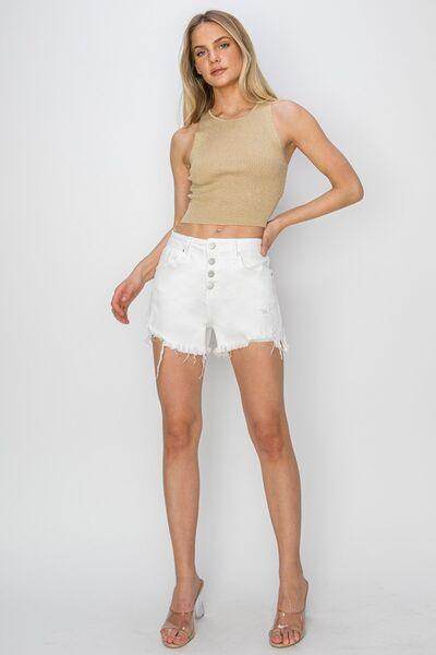 RISEN Button Fly Frayed Hem Denim Shorts for Women