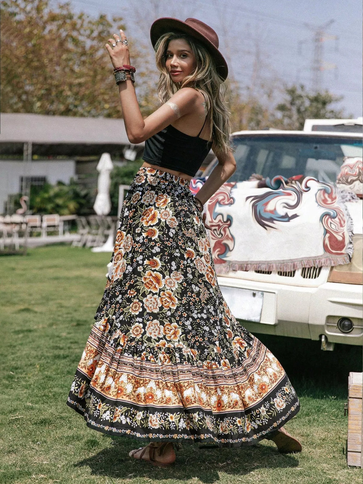 Boho Floral Print High-Low Skirt