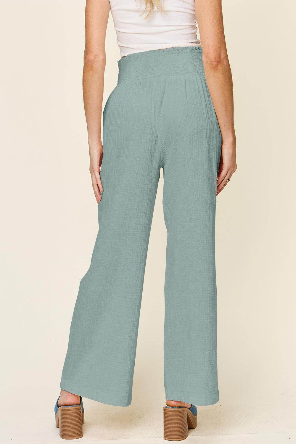 Double Take Full Size Texture Smocked Waist Wide Leg Pants For Women