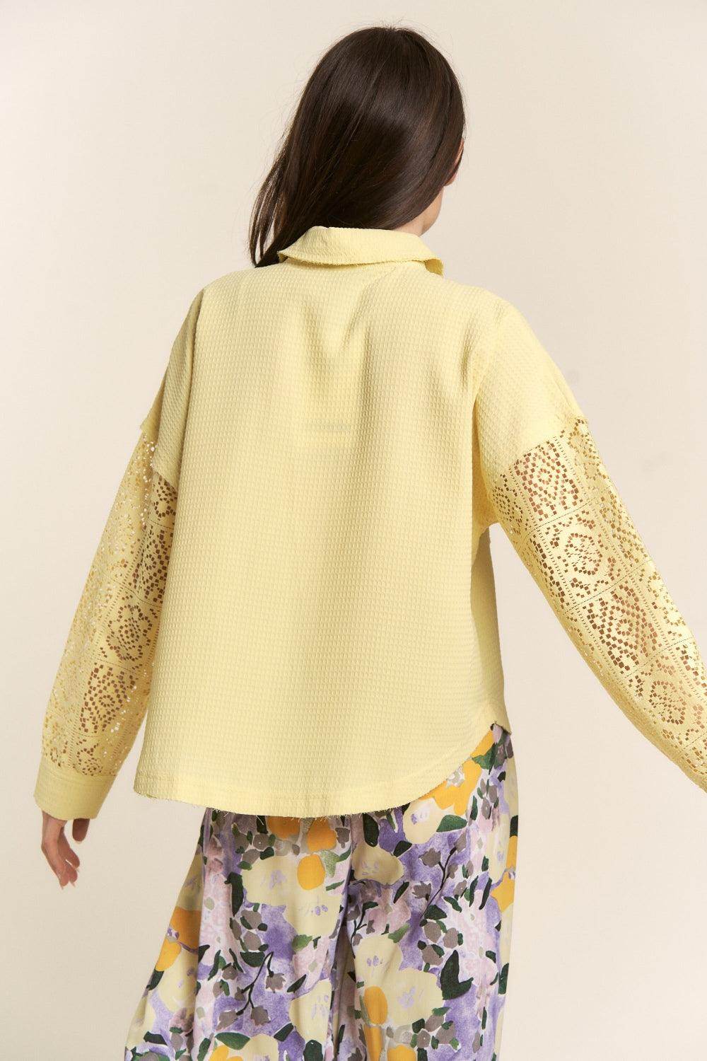 J.NNA Button Down Lace Long Sleeve Waffle Shirt for Women