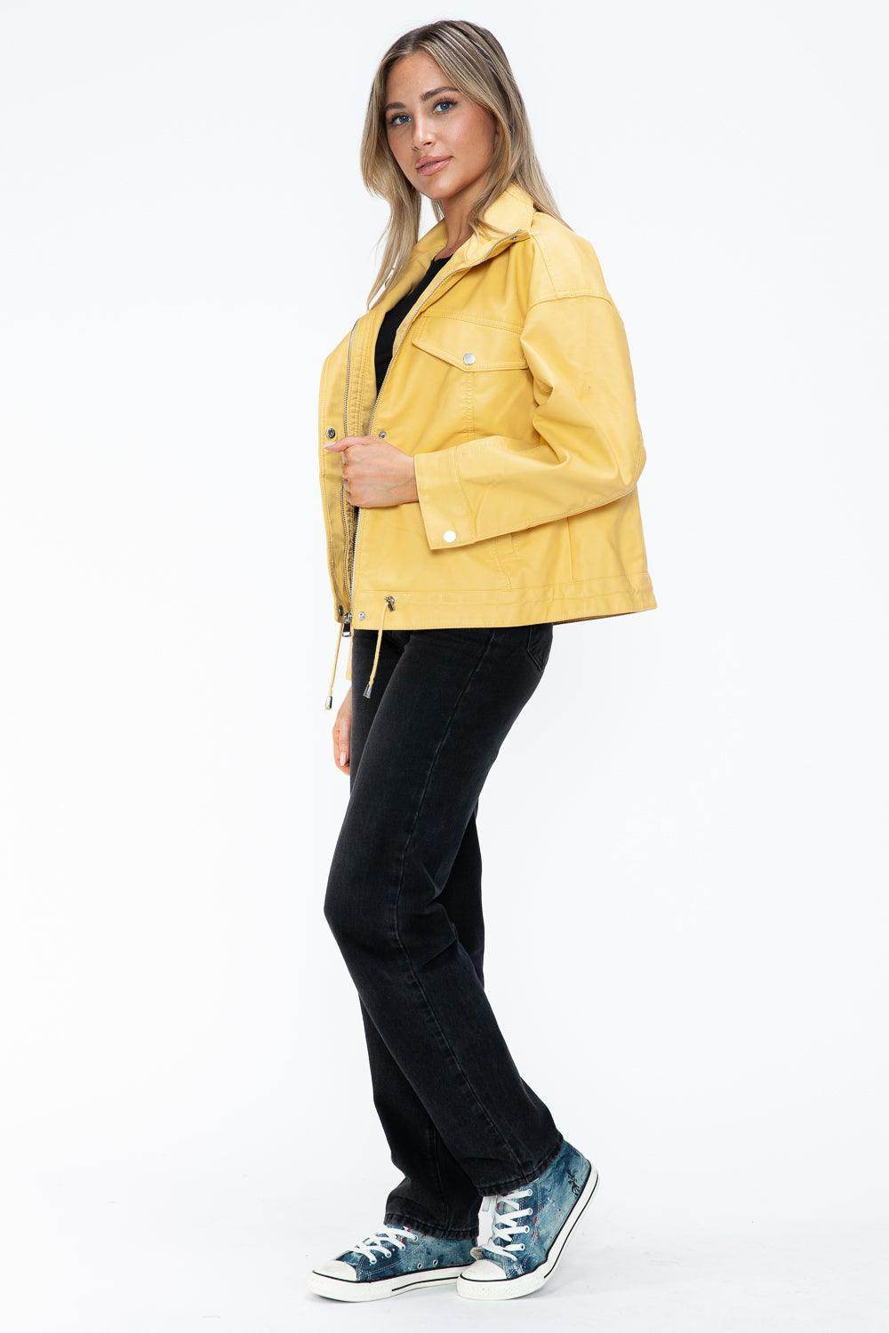 How Dare U Drawstring Hem PU Leather Zip Up Jacket for Women