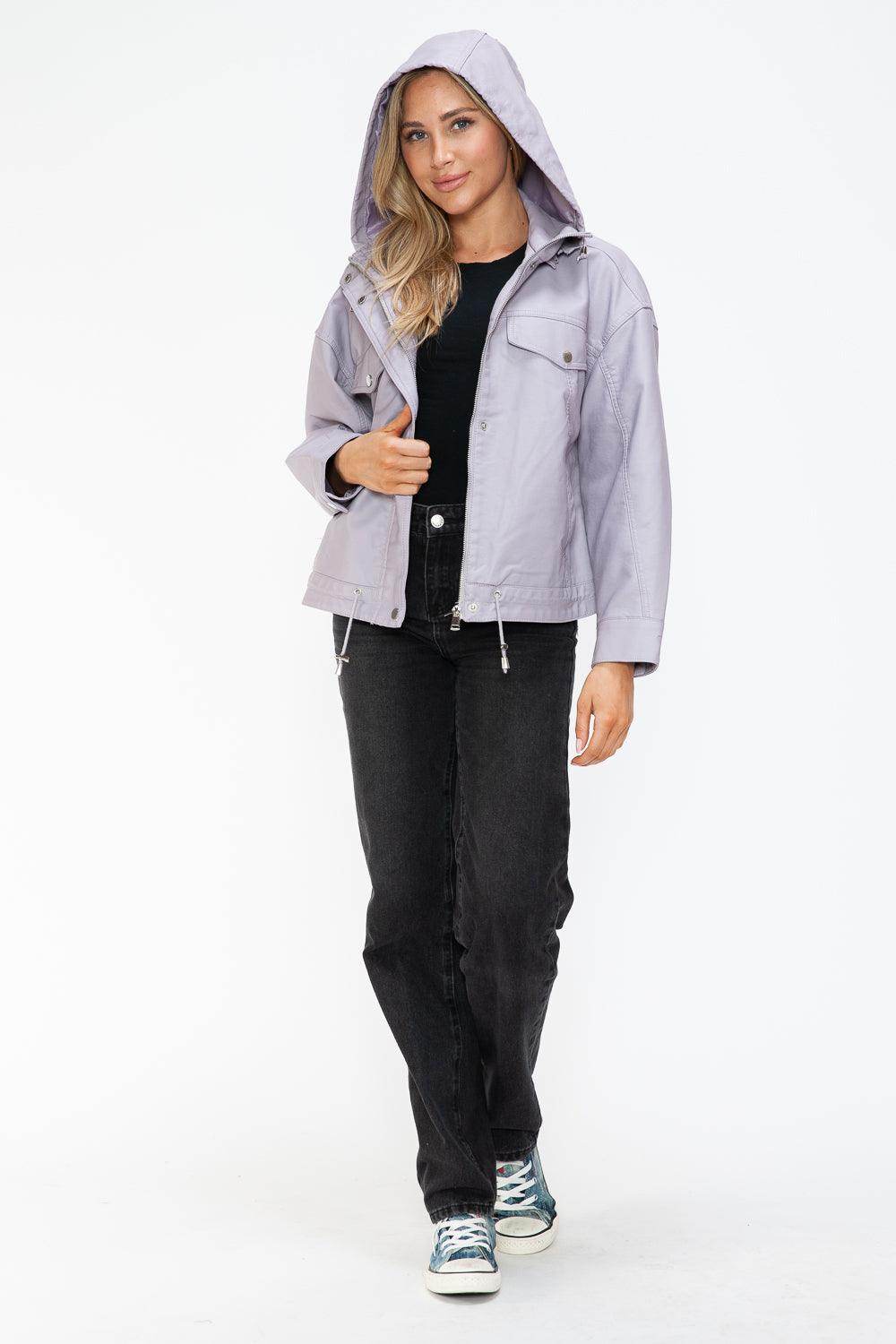 How Dare U Drawstring Hem PU Leather Zip Up Jacket Women