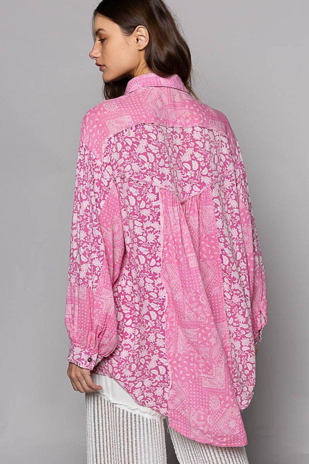 POL Button Down Long Sleeve Paisley Print Shirt for Women