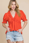 Lime 'N' Chili Solid Ruffled Deep V-Neck Puff Sleeve Babydoll Top