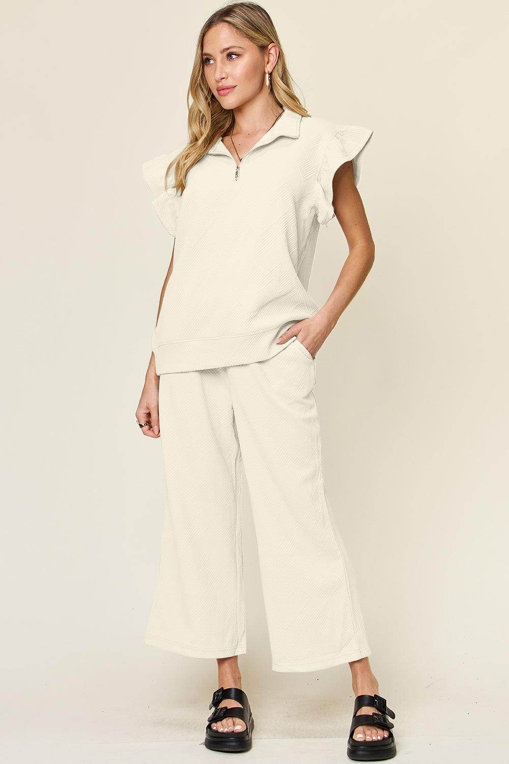 Double Take Texture Ruffle Short Sleeve Top and Pants Set