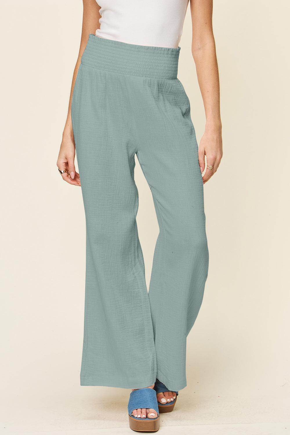 Double Take Full Size Texture Smocked Waist Wide Leg Pants For Women