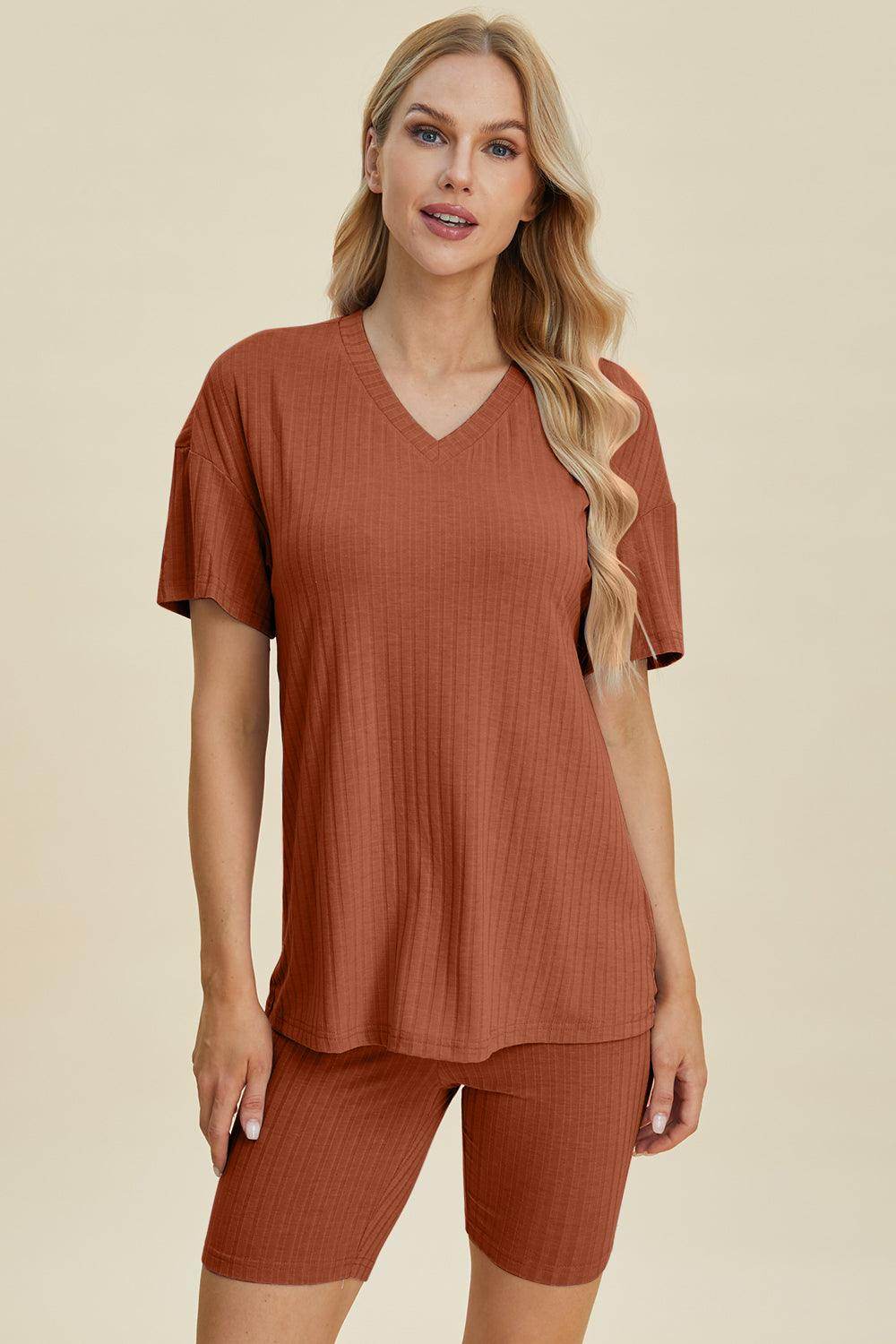 Basic Bae Full Size Ribbed V-Neck Top and Shorts Set For Women