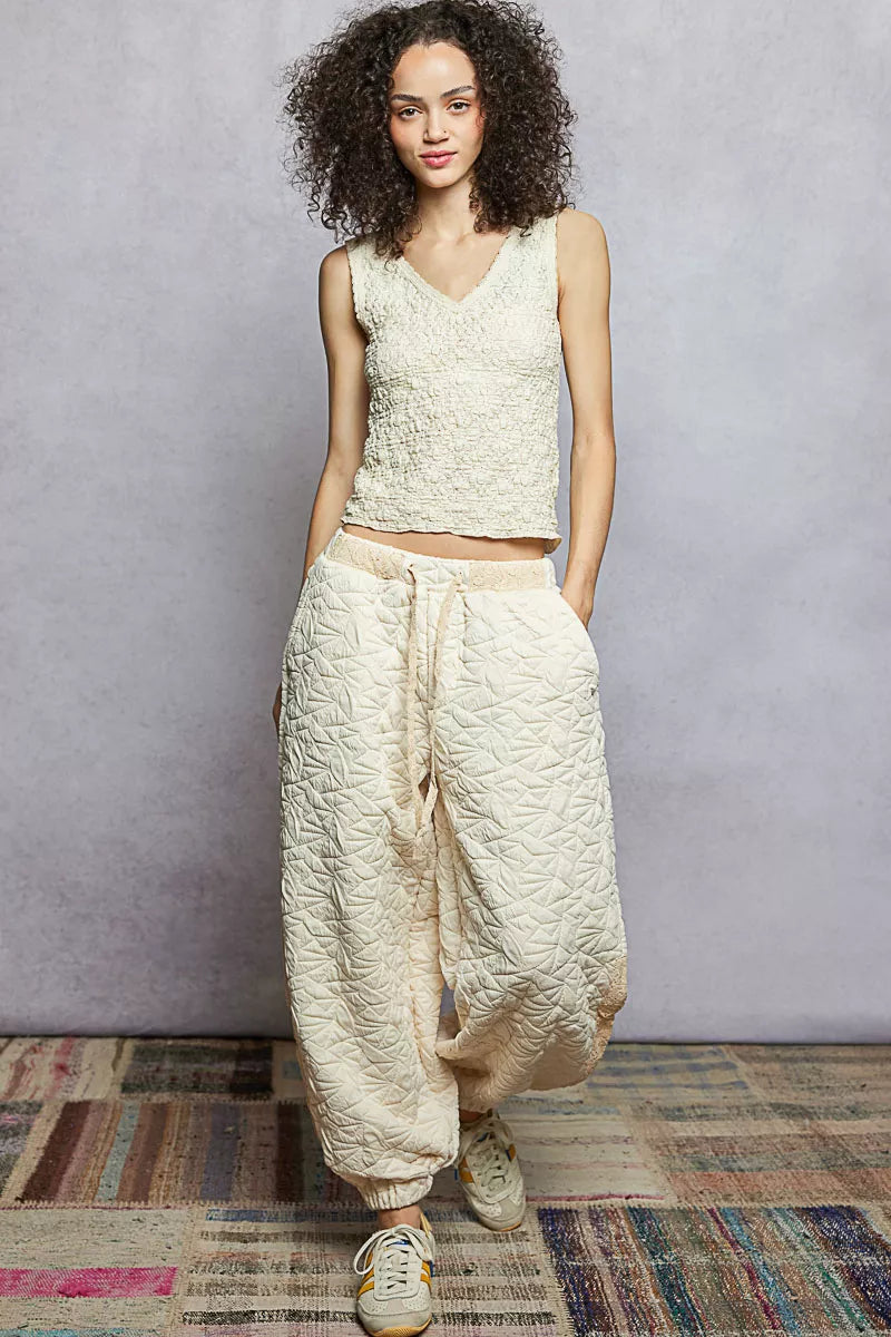 POL Textured Knit V-Neck Tank with Lace Trim