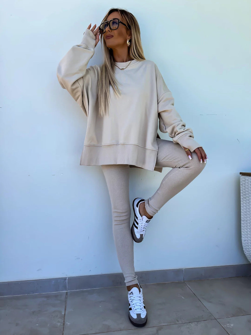 Women’s Casual Sweater Suit – Loose Split Top & Fitted Trousers Set
