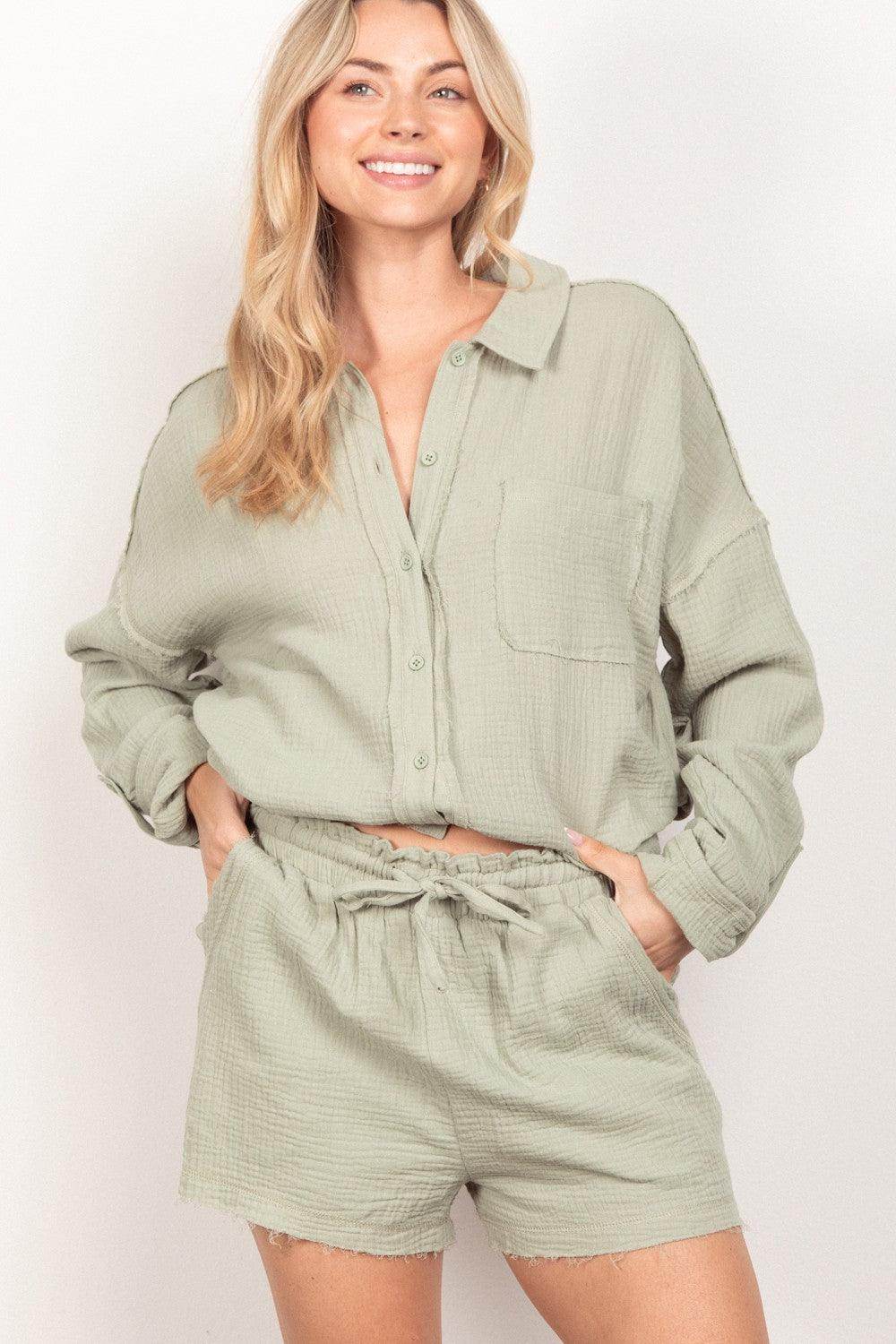 Very J Texture Button Up Shirt and Shorts Set for Women