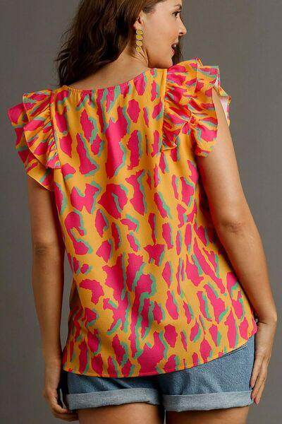 Umgee Full Size Abstract Print V-Neck Ruffle Sleeve Blouse