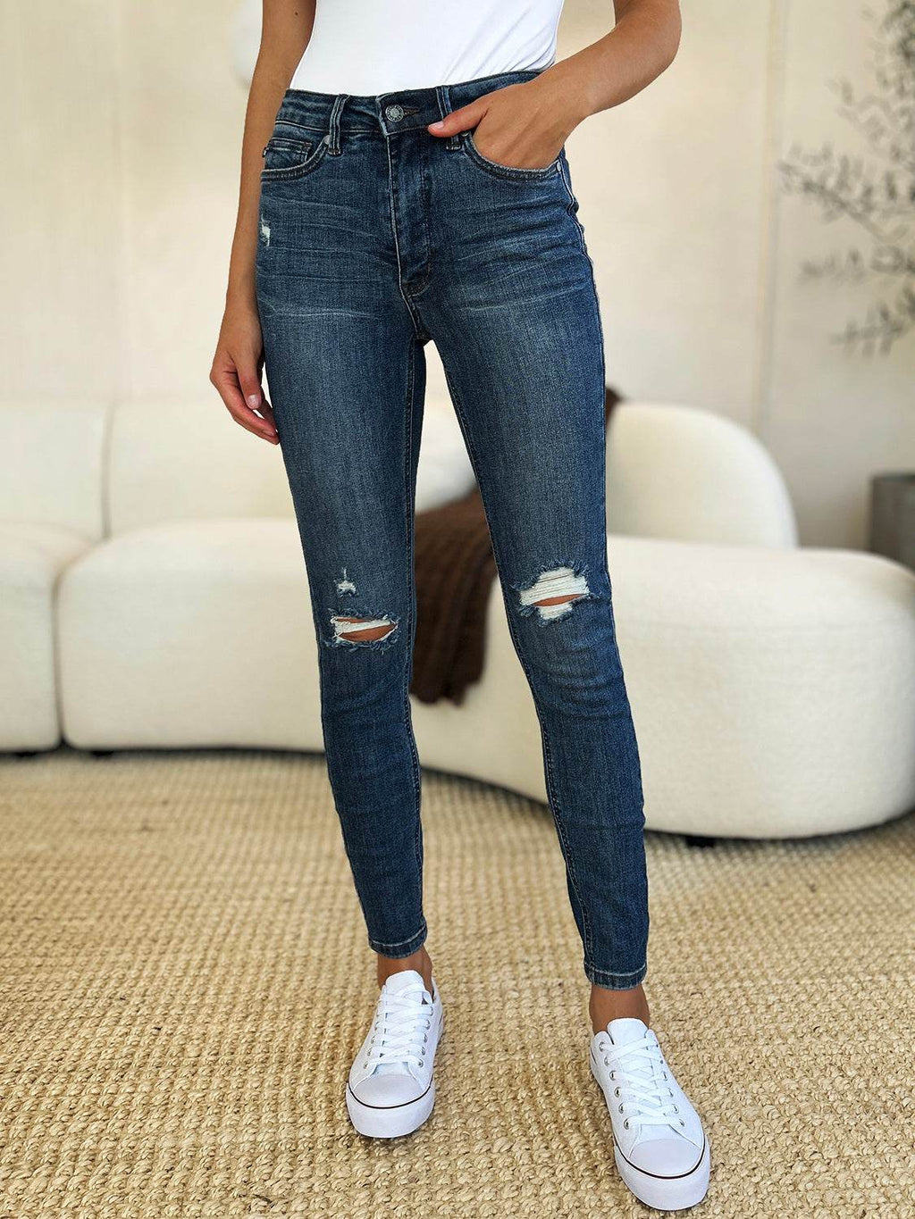 Judy Blue Full Size Mid Waist Distressed Slim Jeans For Women