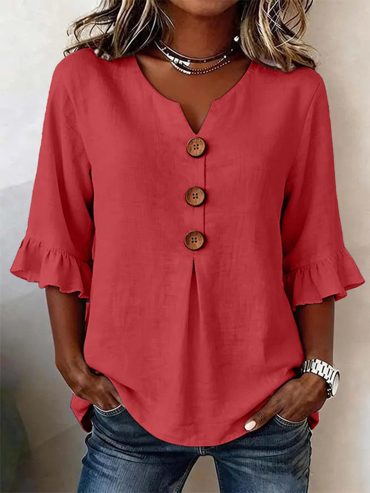 Women's V-Neck Button-Up Blouse — Summer Casual Top