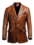 Men 3 Button Vintage Brown Leather Blazer
