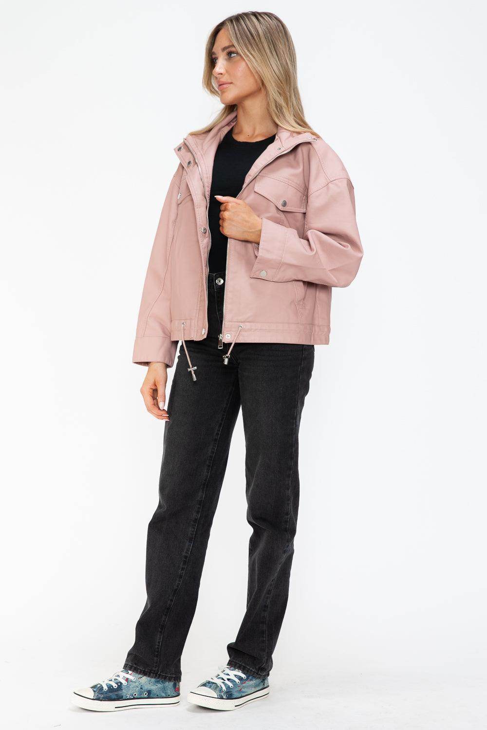 How Dare U Drawstring Hem PU Leather Zip Up Jacket for Women