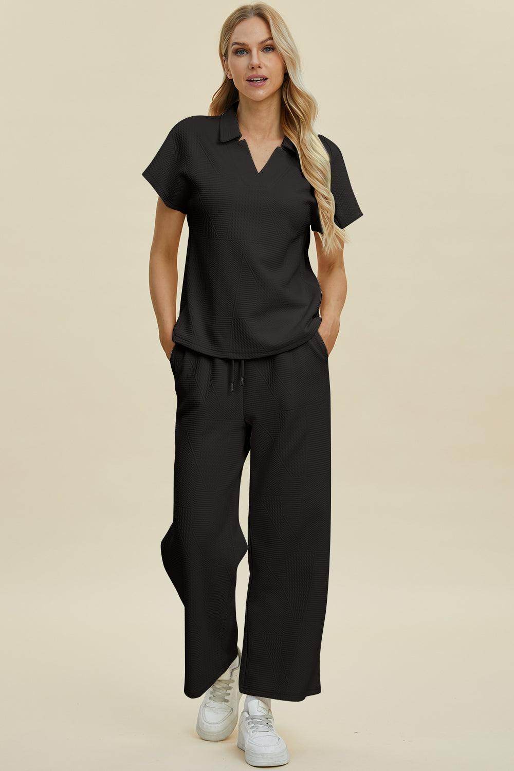 Double Take Full Size Collared Neck Short Sleeve Top Set