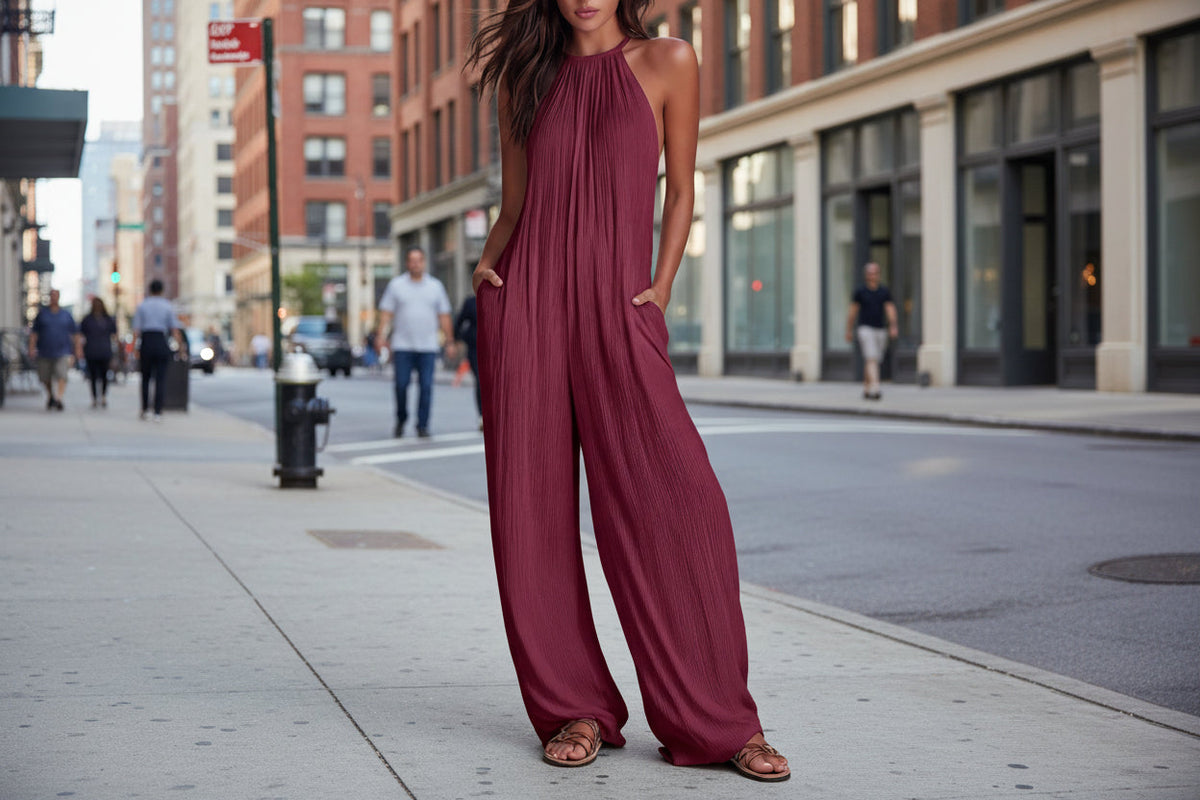 Women's Sleeveless Open-Back Wide-Leg Pleated Jumpsuit