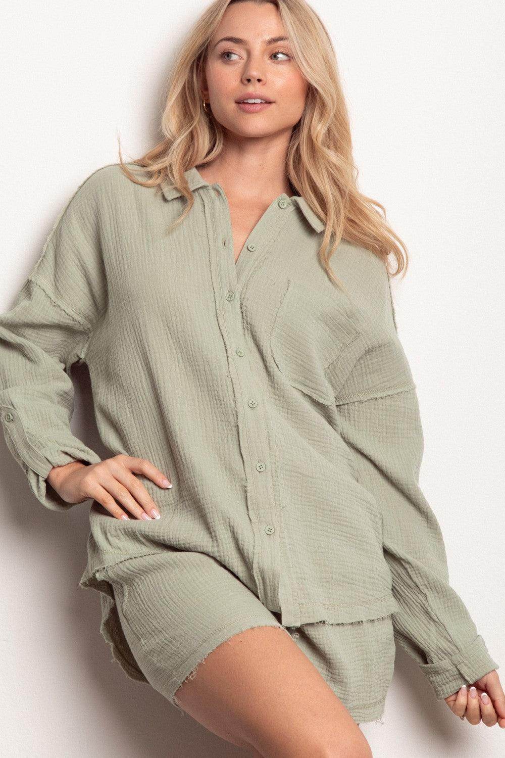 Very J Texture Button Up Shirt and Shorts Set for Women