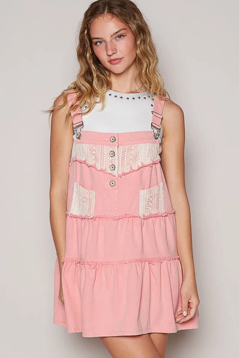 POL Lace Patchwork Detail Denim  luxury Dress