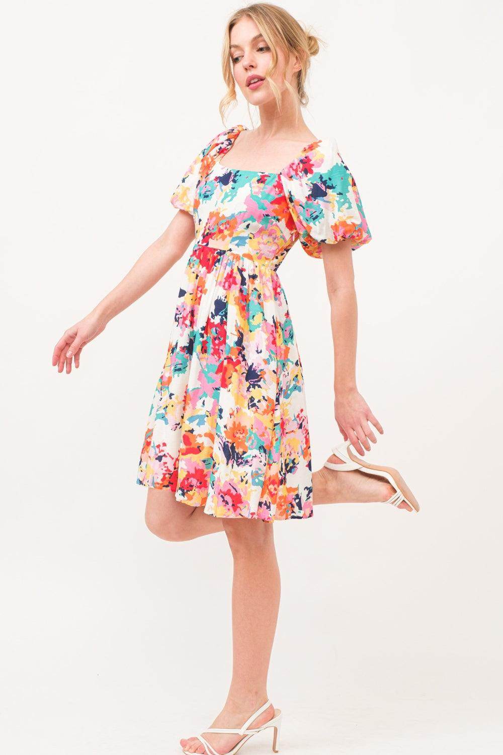 And The Why Square Neck Puff Sleeve Floral Dress Sale