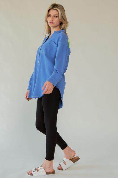 Davi & Dani Letter Back Raw Hem Half Button Shirt Chic