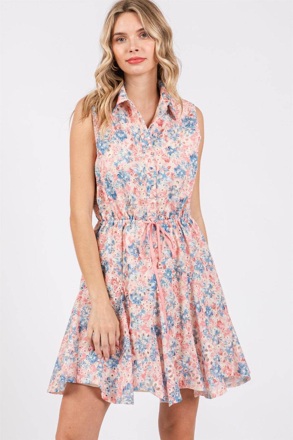 GeeGee Full Size Floral Eyelet Sleeveless Mini Dress for Summer