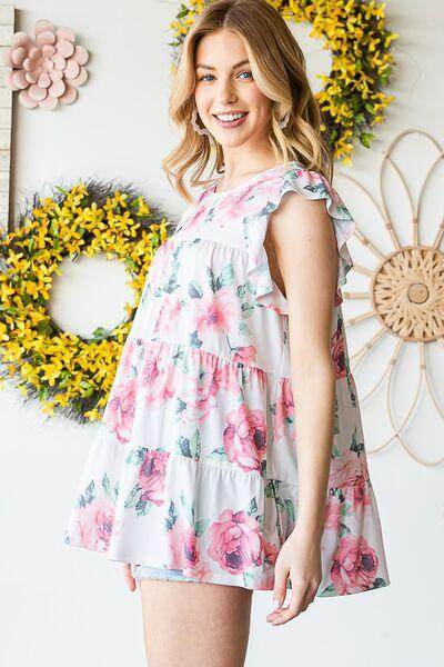 Heimish Full Size Butterfly Short Sleeve Floral Tiered Top